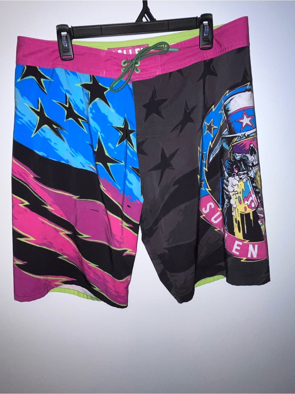 Men's Colorblock Skull Board Shorts in Pink, Blue & Black